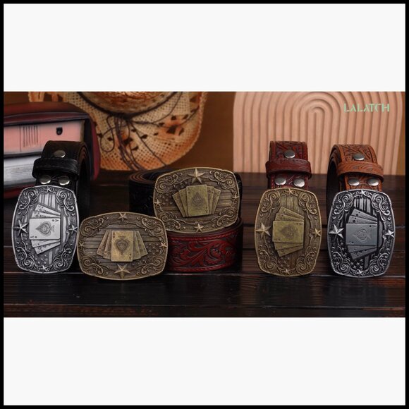 Western Leather Belt with Detachable Poker Buckle, Adjustable Fit main image 6